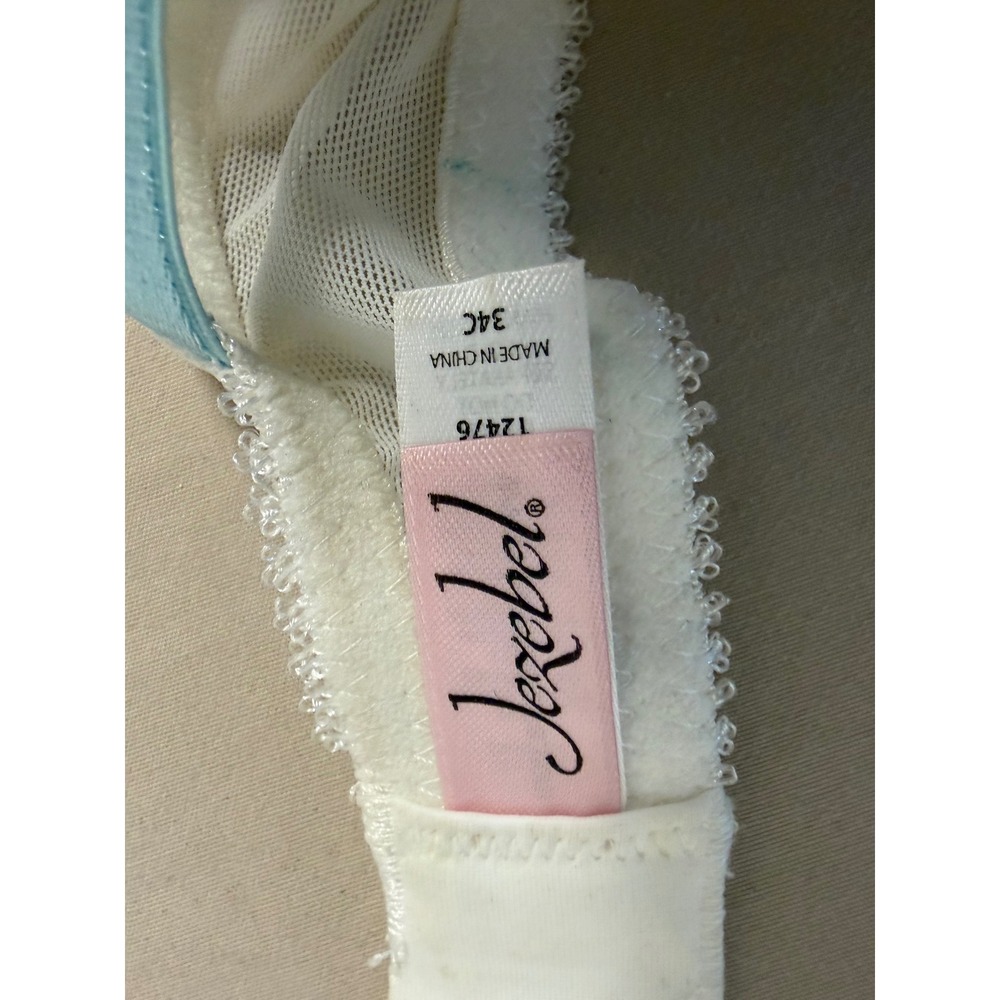 Jezebel White Lace Ruffle Balconette Bra Blue Straps 34C 12476 Coquette Vintage - Picture 2 of 2